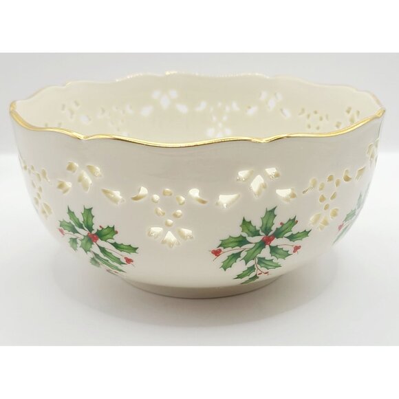 Lenox Holiday Holly Berry Ivory Porcelain Pierced Bowl w/ Gold Trim Made in USA - Picture 2 of 8